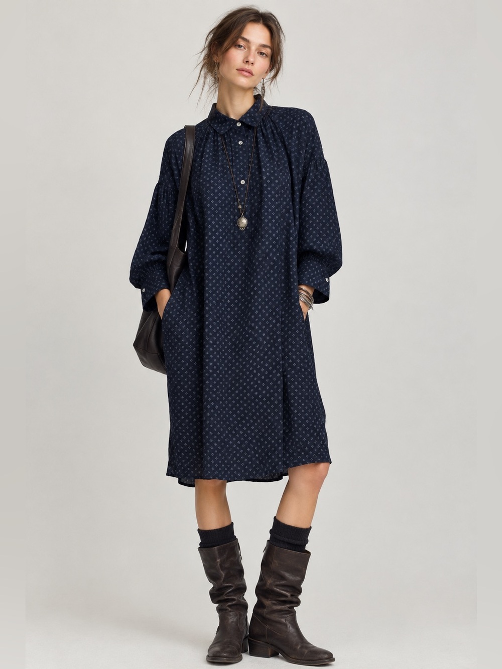 Arts And Science Printed Shirt Dress Size 1 Small Navy Lagenlook Chic Luxury
